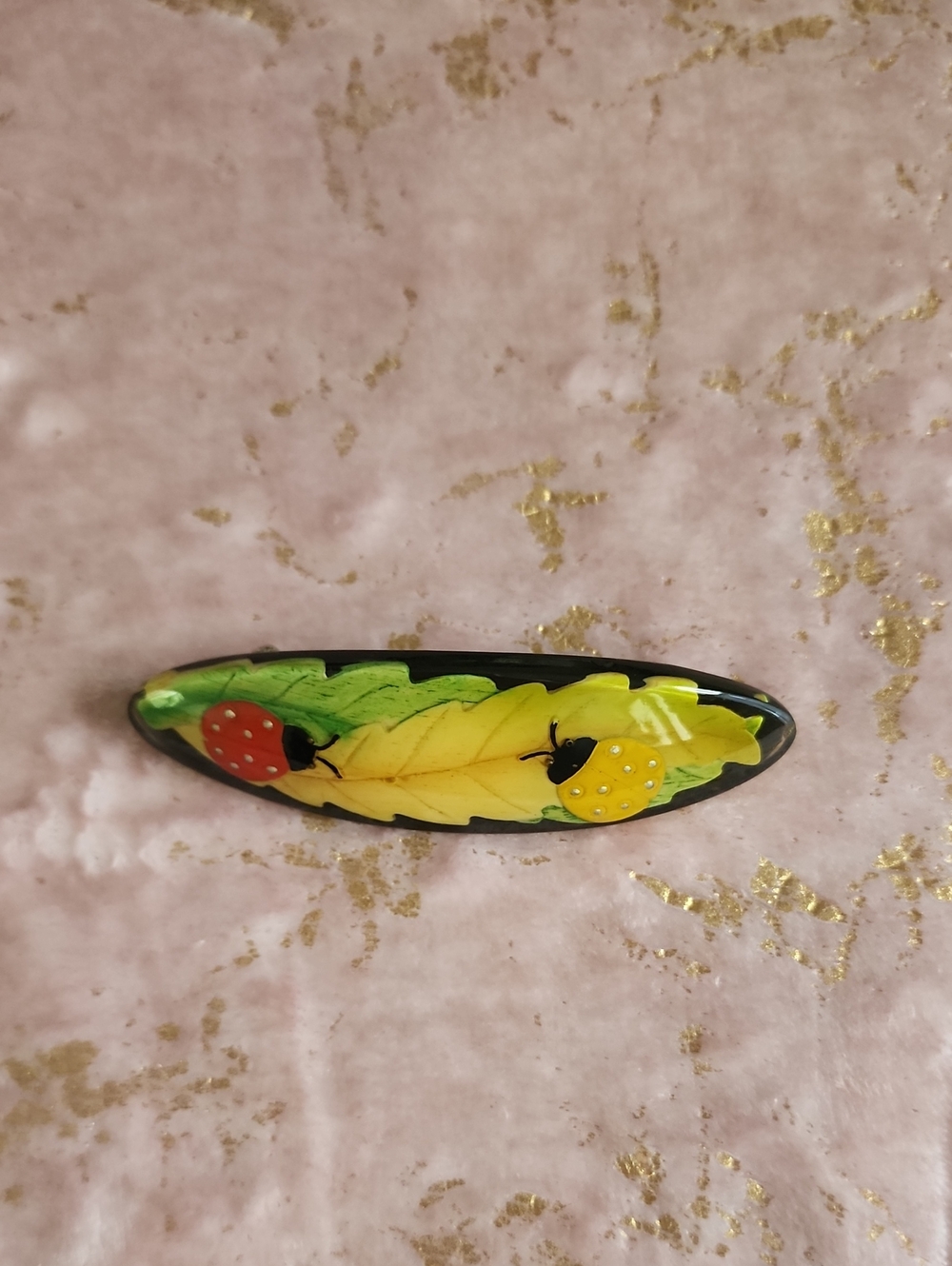 HAIR CLIP | Hand-Painted Leaf Barrette with Ladybugs - Yellow & Green